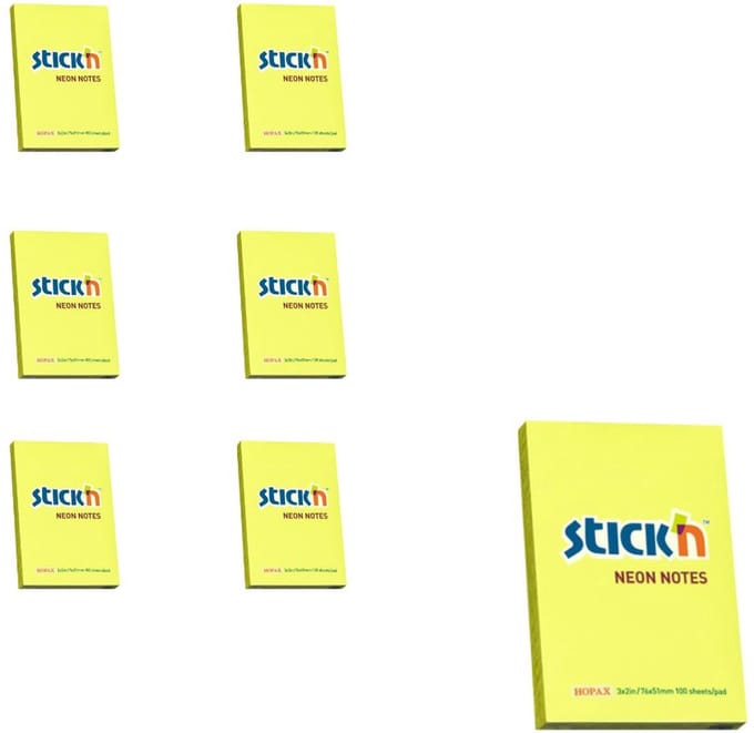 Stick'n sticky notes - 6-pack - 76x51mm - Neon Geel - 600 memoblaadjes