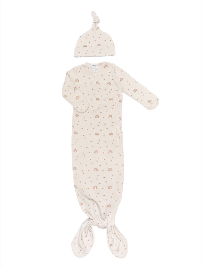 Snoozebaby Slaappakje met muts - Knoopslaapzak 0-3 mnd met labeltjes - Milky Rust Rainbow