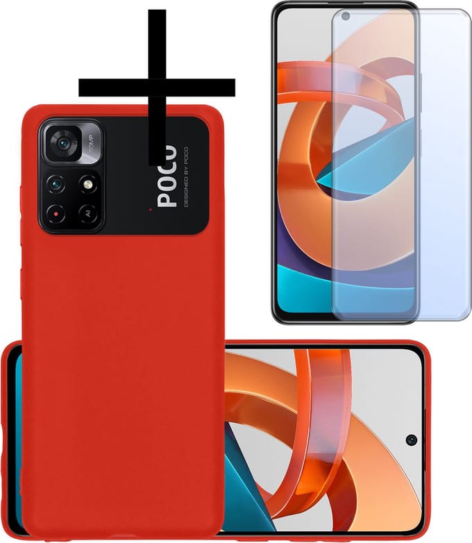 Hoesje - Met Screenprotector - Geschikt voor Xiaomi Poco M4 Pro 5G - Sterk & Shockproof - Back Cover - Siliconen Case - Telefoon Hoes - Rood