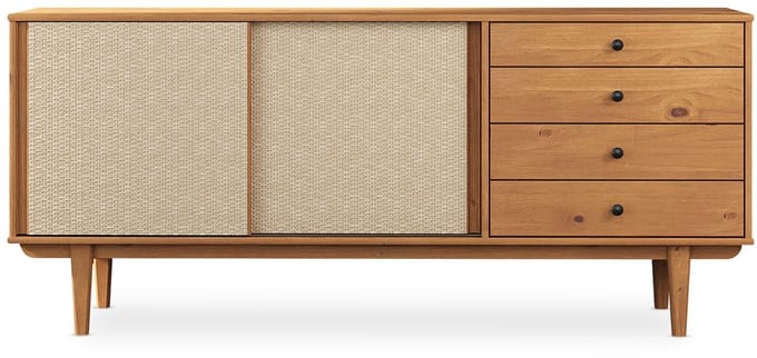 Sideboard SIMONA 175 cm van massief hout met rotanvlechtwerk – eikenhouten afwerking