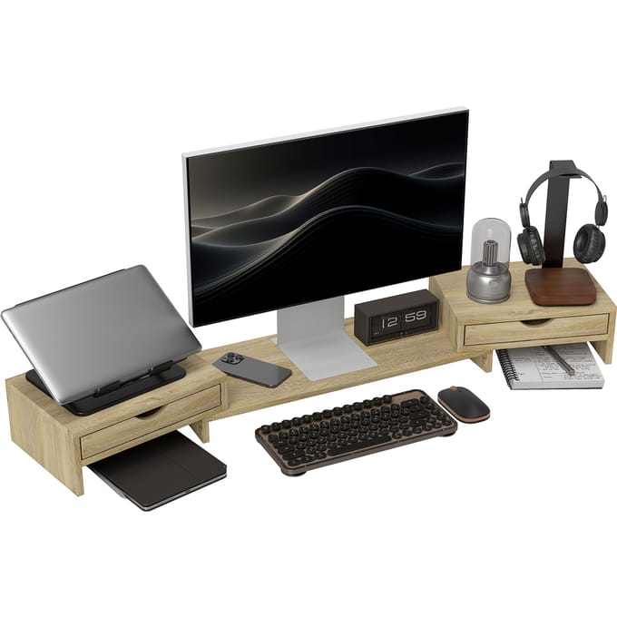 Homcom Computermonitor Bureauhouder, Pc-schermverhoger, 60-116 cm, met 2 laden, eikenhout lengte
