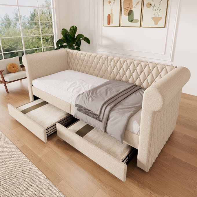 REDOM Slaapbank – 90x200 cm – Met 2 lades – Linnen – Beige