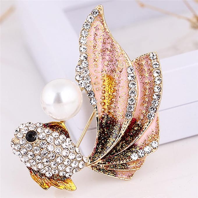 Emaille Goudvis Broche Pin Vrouwen Strass Kristal Dier Broche Jurk Sieraden beige