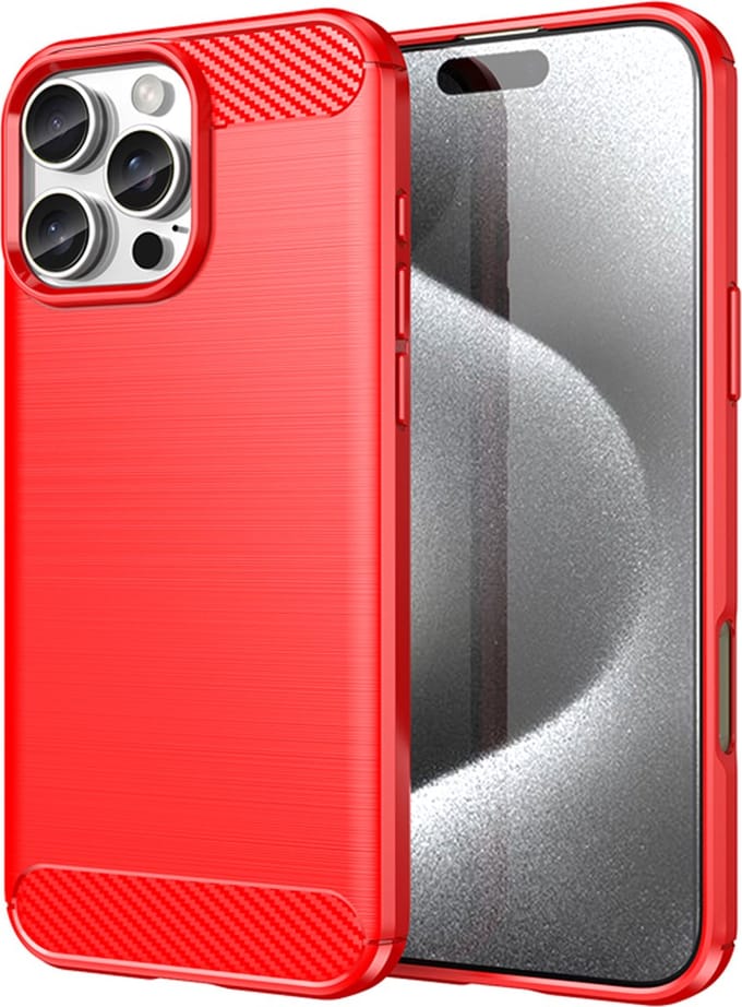 MobyDefend Hoesje - Geschikt voor iPhone 16 Pro Max - TPU Backcover - Geborstelde Metaal & Carbon-Look - Rood