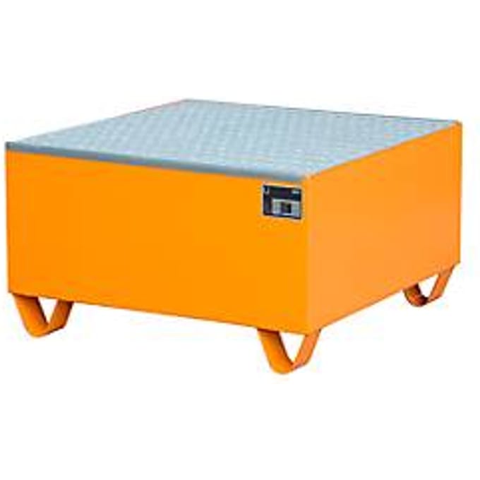Stalen lekbak met rooster, 800 x 800 mm, oranje RAL 2000