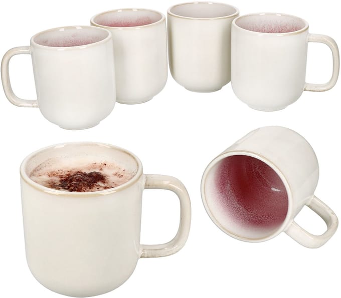 Set van 6 REACTIVE GLAZE PARIS koffiemokken met handvat crème & roze steengoed