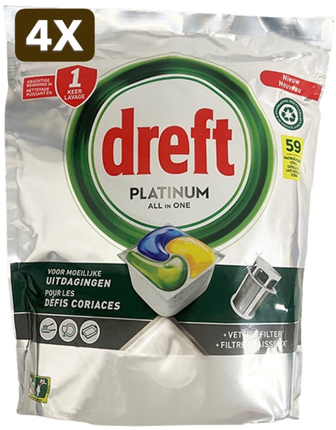 4 x Dreft Vaatwastabletten - All-in-One Platinum - Lemon - 59 tabs