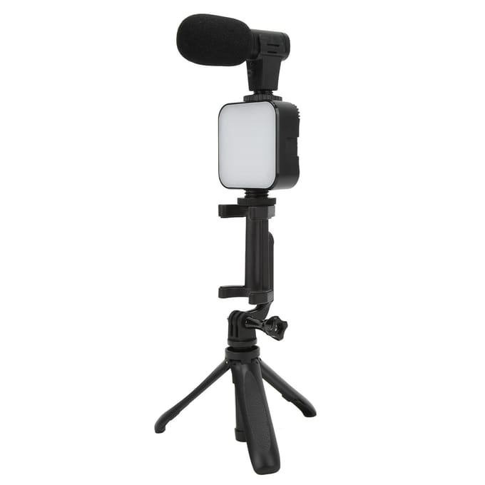 Kit Vlogging Smartphone Kit Microphone Vidéo pour Téléphone Diffusion en Direct avec Lumière d'Appoint Trépied et Téléphone white