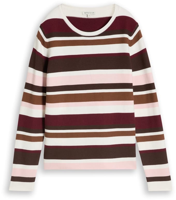 Tom Tailor - Gebreide trui van katoen - Maat L - camel brown red stripe