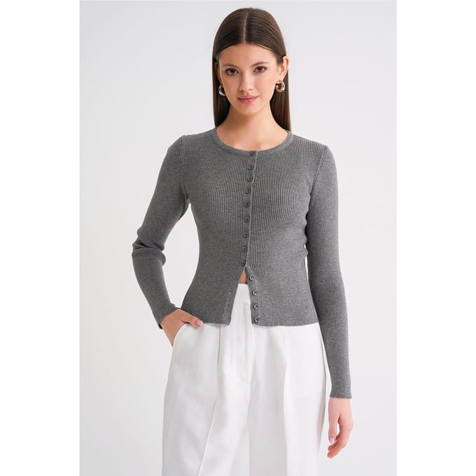 Geknoopte Slim Fit Ribbelgebreide Cardigan