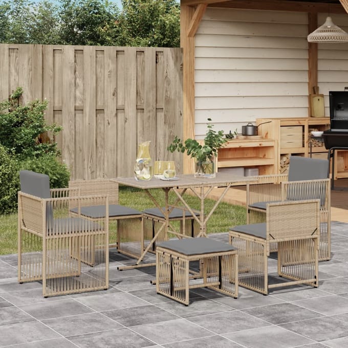 vidaXL - 7-delige - Tuinset - met - kussens - poly - rattan - beige