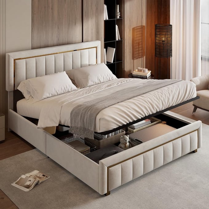 Gestoffeerd tweepersoonsbed 160 x 200 cm met opbergruimte en hoofdeinde