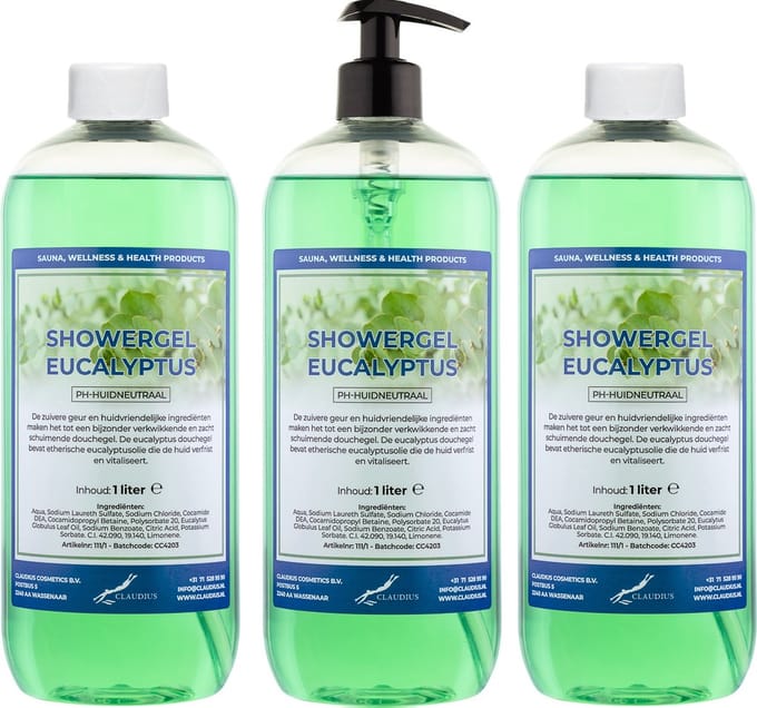 Claudius Douchegel Eucalyptus 1 liter - set van 3 stuks - met gratis pomp - Showergel