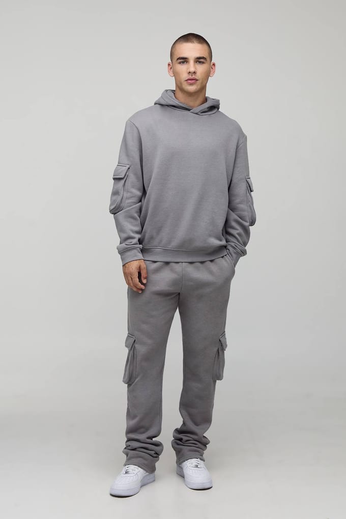 Super gestapeld geweven tab cargo trainingspak met capuchon | Charcoal | Size Medium