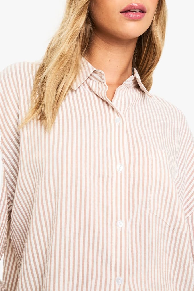 boohoo Dames Textuurgestreept shirt met ontspannen pasvorm | Steen | Maat: 38