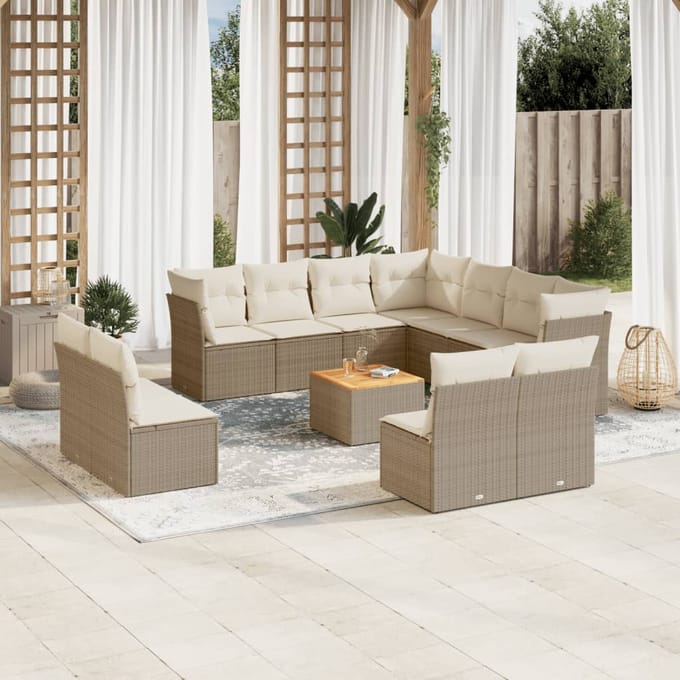 vidaXL - 12-delige - Loungeset - met - kussens - poly - rattan - beige