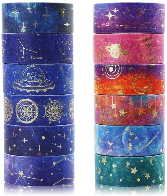 Decoratieve Tape - Hobby Plakband - Creatief Knutselen - Galaxy Thema Design - 12 Rollen - Paars