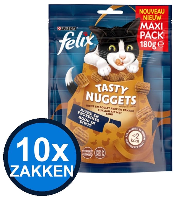 10x Felix - Tasty Nuggets Kip & Eend - Kattenvoer Snacks - 180 g