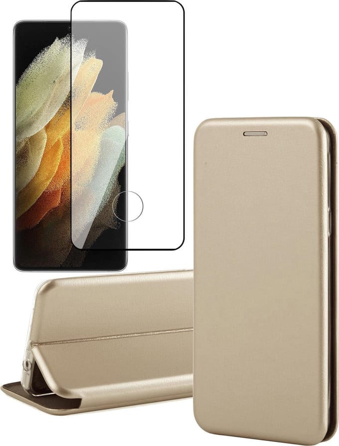 Hoesje geschikt voor Samsung Galaxy S21 Ultra - Screen Protector FullGuard - Book Case Kunstleer ThinShield Goud & Screenprotector