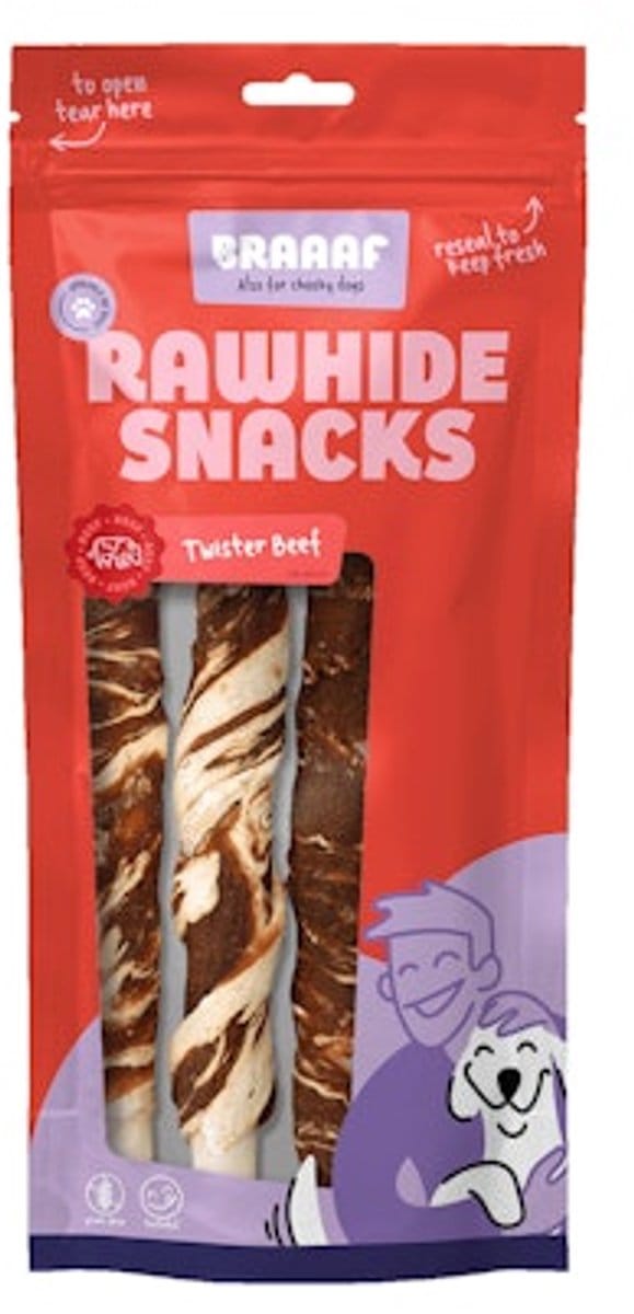 Braaaf Twister Hondensnacks - Rund & Vis - 3 x 180 g