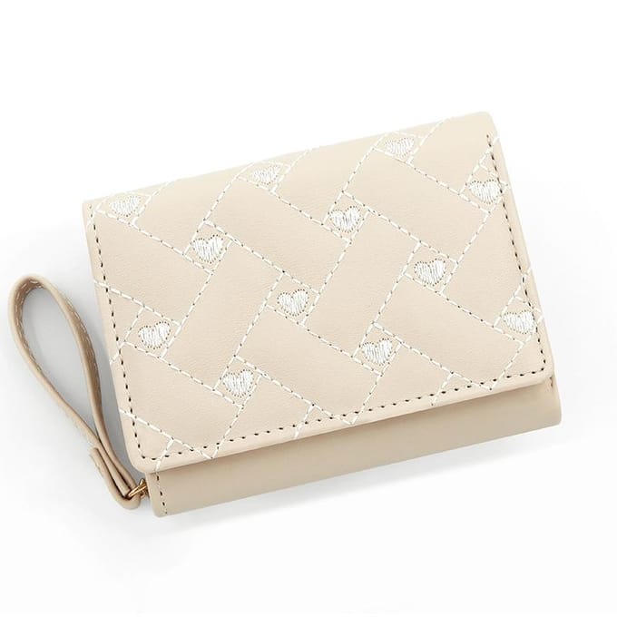 Portefeuille brodé en forme de cœur d'amour pour femmes, sac court, porte-cartes, grande capacité, porte-monnaie à la mode blanc