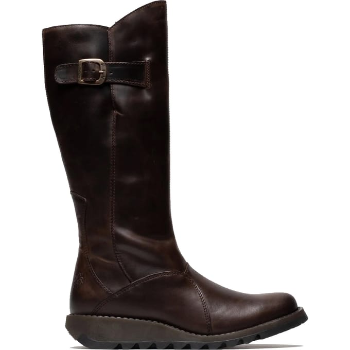 Fly London Dames Bruine MOL 2 Leren Wedge Heel Kniehoge Rits Laarzen