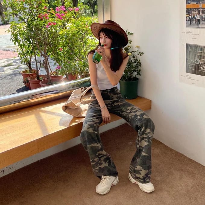 Damesmode camouflage jeans losse denim cargobroek met hoge taille L black