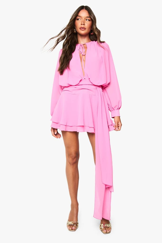 boohoo Dames Chiffon gerafelde gedrapeerde smock jurk | Roze | Maat: 36