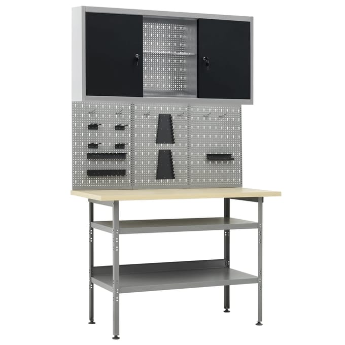 vidaXL - Werkbank - met - drie - wandpanelen - en - een - kast