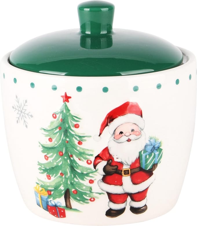 Dekoratief | Bewaarpot m/santa, dolomiet, wit/groen, 12x12x13cm | A245038