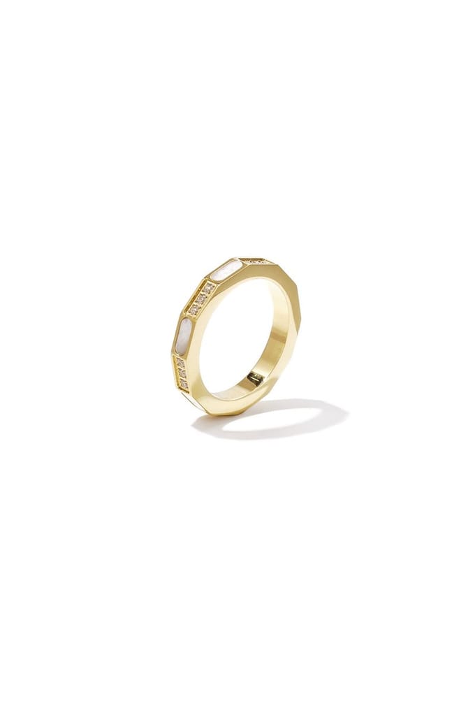 Hoekige ring met steentjes en parelmoer detail - Goudkleur - 18