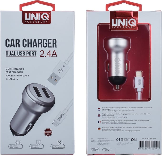 UNIQ Accessory Autolader Apple Lightning 2.4A - Zilver