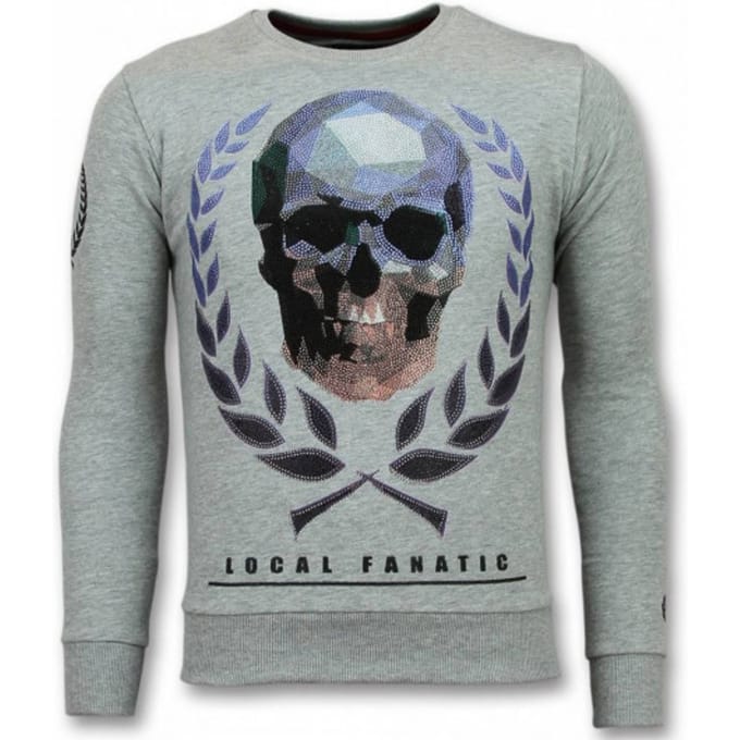 Doodskop Trui - Skull Rhinestone Heren Sweater - Grijs