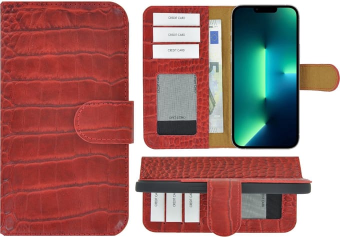 Geschikt voor iPhone 13 Pro Max Hoesje - Bookcase - Portemonnee Hoes Echt leer Wallet case Croco Rood