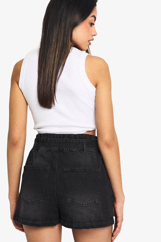 boohoo Dames Denimshort met paperbag-taille | Washed Black | Maat: 34