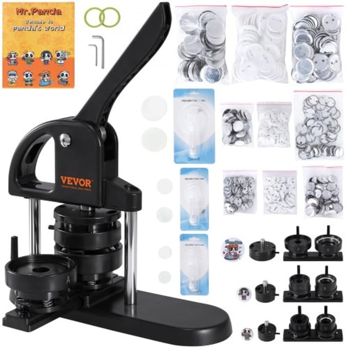 VEVOR knopenmachine 25/32/58 mm knopenmaakmachine zwart 300 stuks, met cirkelsnijder, sjabloonboek en ergonomische handgreep voor het zelf maken van badges, speldjes, koelkastmagneten en sleutelhangers