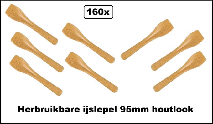 160x Herbruikbare ijslepel 95mm houtlook - afwasbaar - IJs sorbet