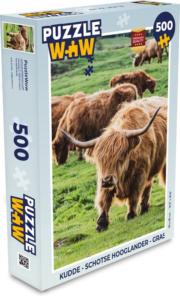 Puzzel Kudde - Schotse hooglander - Gras - Legpuzzel - Puzzel 500 stukjes