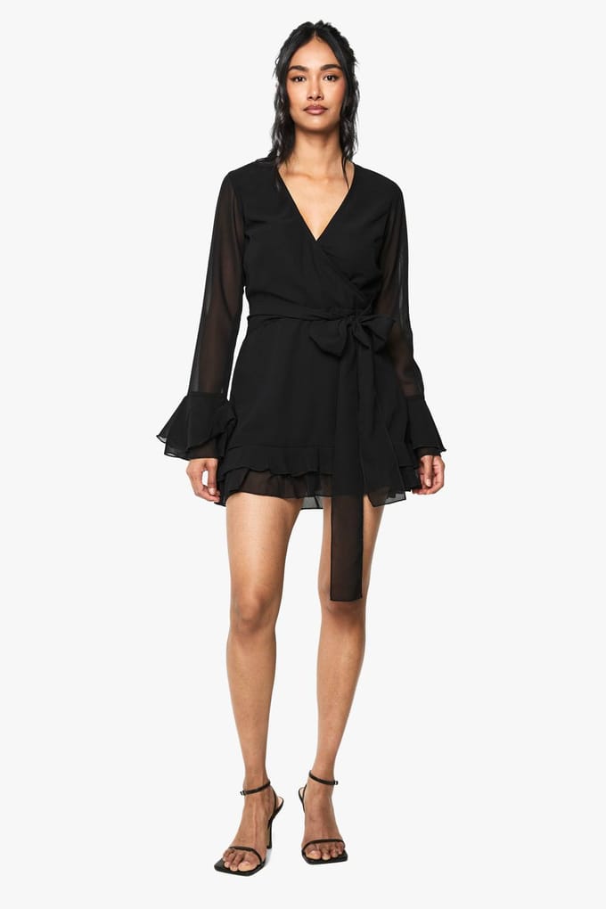 boohoo Dames Flair Mouw Chiffon Wrap Mini Jurk | Black | Maat: 8