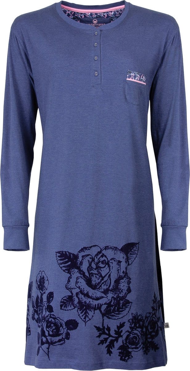 Tenderness Dames Nachthemd - Polo Sluiting - Indigo Blauw - Maat S