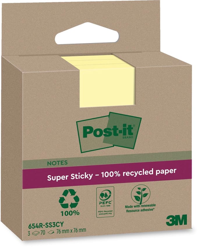 Post-it Super Sticky Notes Recycled | 70 vel | ft 76 x 76 mm | geel | pak van 3 blokken