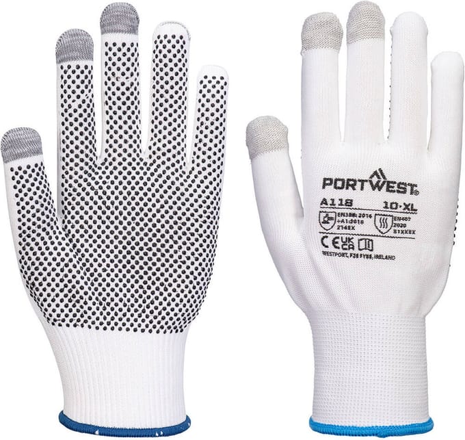 Portwest Grip 13 PVC Touchscreen Handschoen met dots (Pk12) - Wit/grijs - XL