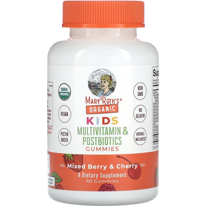 MaryRuth's, Gummies multivitaminés et postbiotiques bio pour enfants, saveur baies et cerises mélangées, 60 gummies