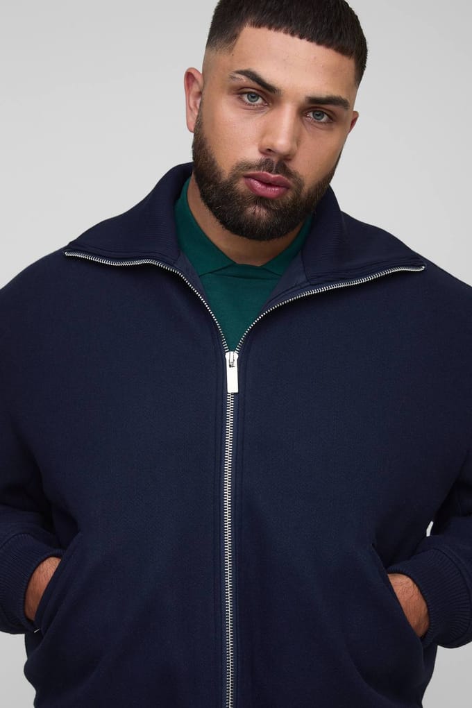 Plus Gebreide kraag ritssluiting wollen-look bomberjack | Navy | Size 2XL