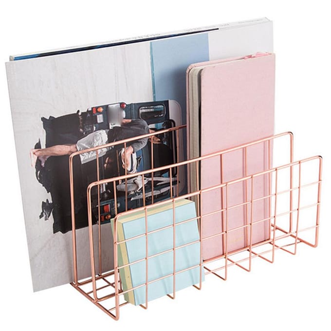 Briefhouder IJzer Metaal Drie Vakken Boekenplankhouder Multifunctionele Map Sorteer Organizer rosé gouden kleur