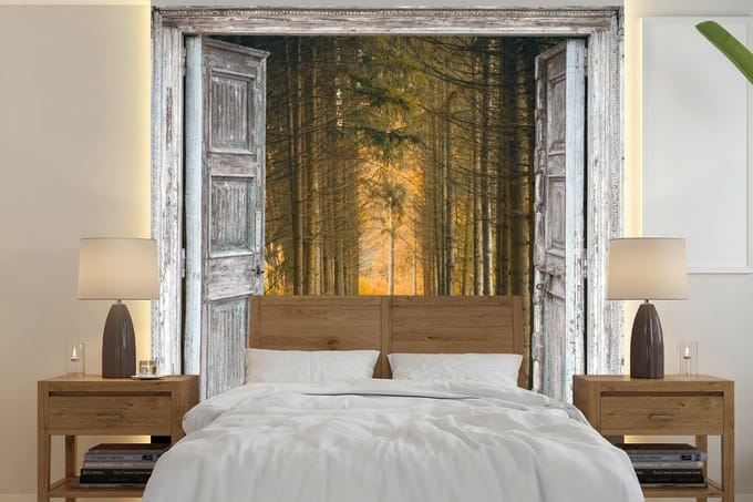 Behang - Fotobehang Bos - Herfst - Doorkijk - Breedte 300 cm x hoogte 300 cm