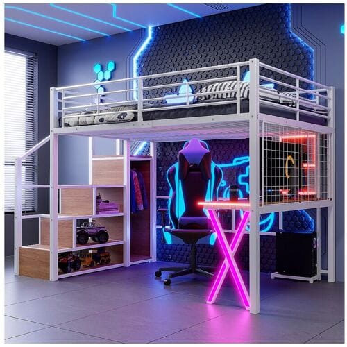 Merax Hoogslaper 140 x 200 cm met bureau, kledingkast, planken - Sfeerverlichting - Metaal - Wit (zonder matras)