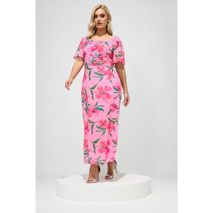 Yours London Roze Geplooide Maxijurk Met Bloemenprint Size 50