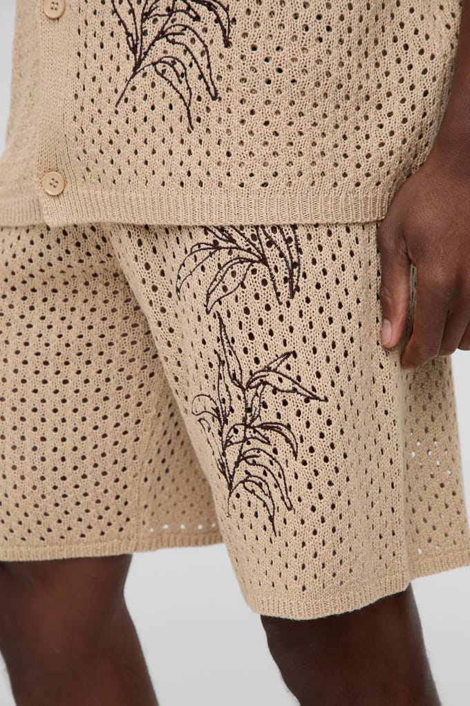 Relaxed Fit Embroidered Crochet Look Knitted Short | Brown | Size Small
