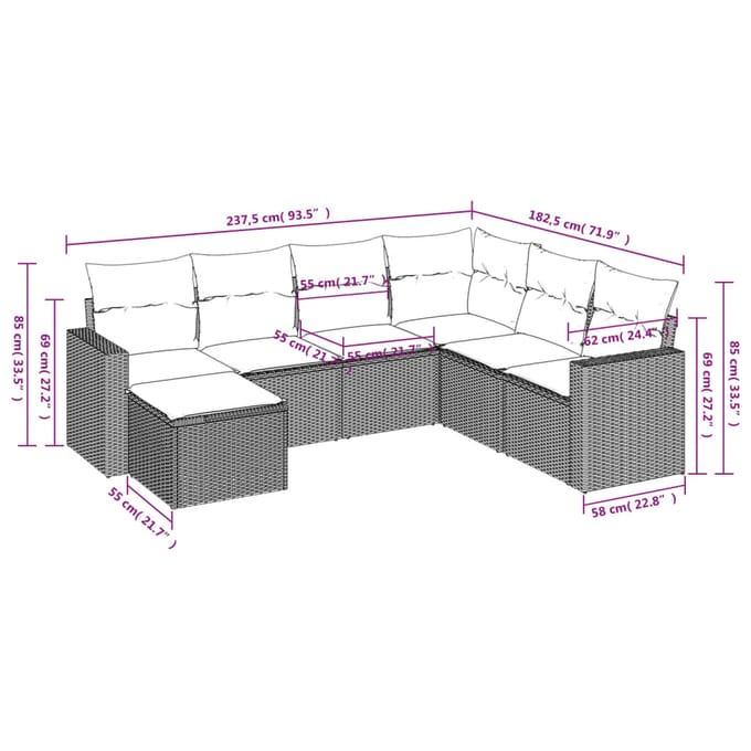 vidaXL - 7-delige - Loungeset - met - kussens - poly - rattan - beige